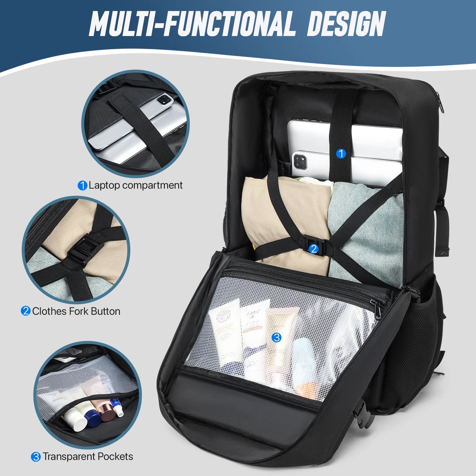Large Travel Backpack Expandable With Shoe Storage Multilayer Luggage Bag 17.3 Laptop Waterproof